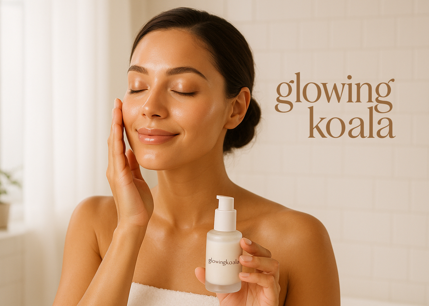 Create an image with a woman putting on skincare that says glowingkoala