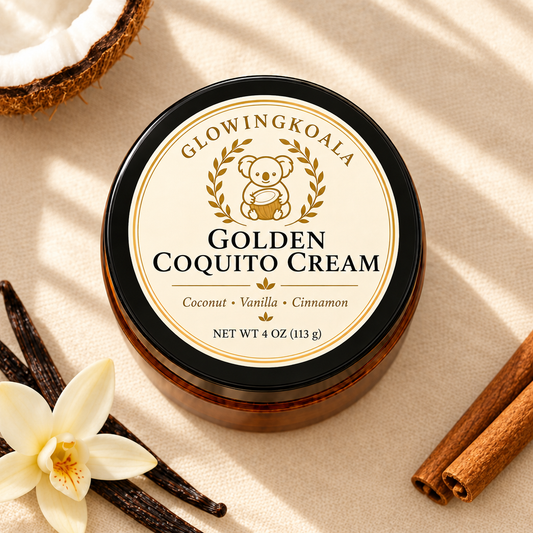 Golden Coquito Cream jar with coconut, vanilla, and cinnamon accents